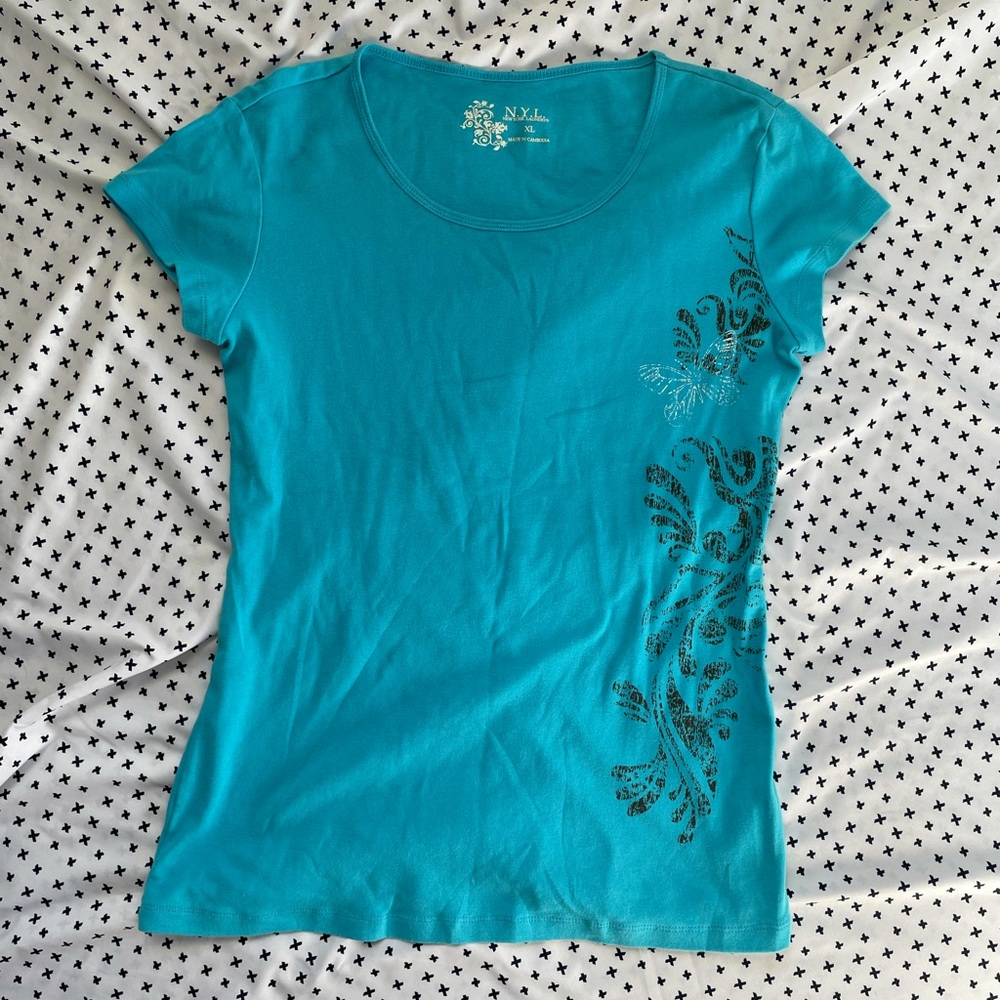 Bright blue patterned short sleeve shirt